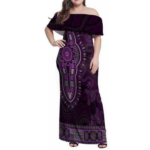 Purple African Dashiki With Australia Aboriginal Art Family Matching Off Shoulder Maxi Dress and Hawaiian Shirt