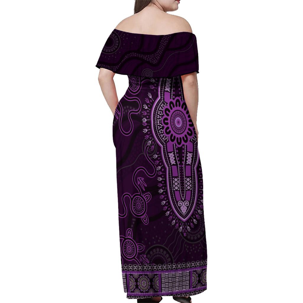 Purple African Dashiki With Australia Aboriginal Art Family Matching Off Shoulder Maxi Dress and Hawaiian Shirt