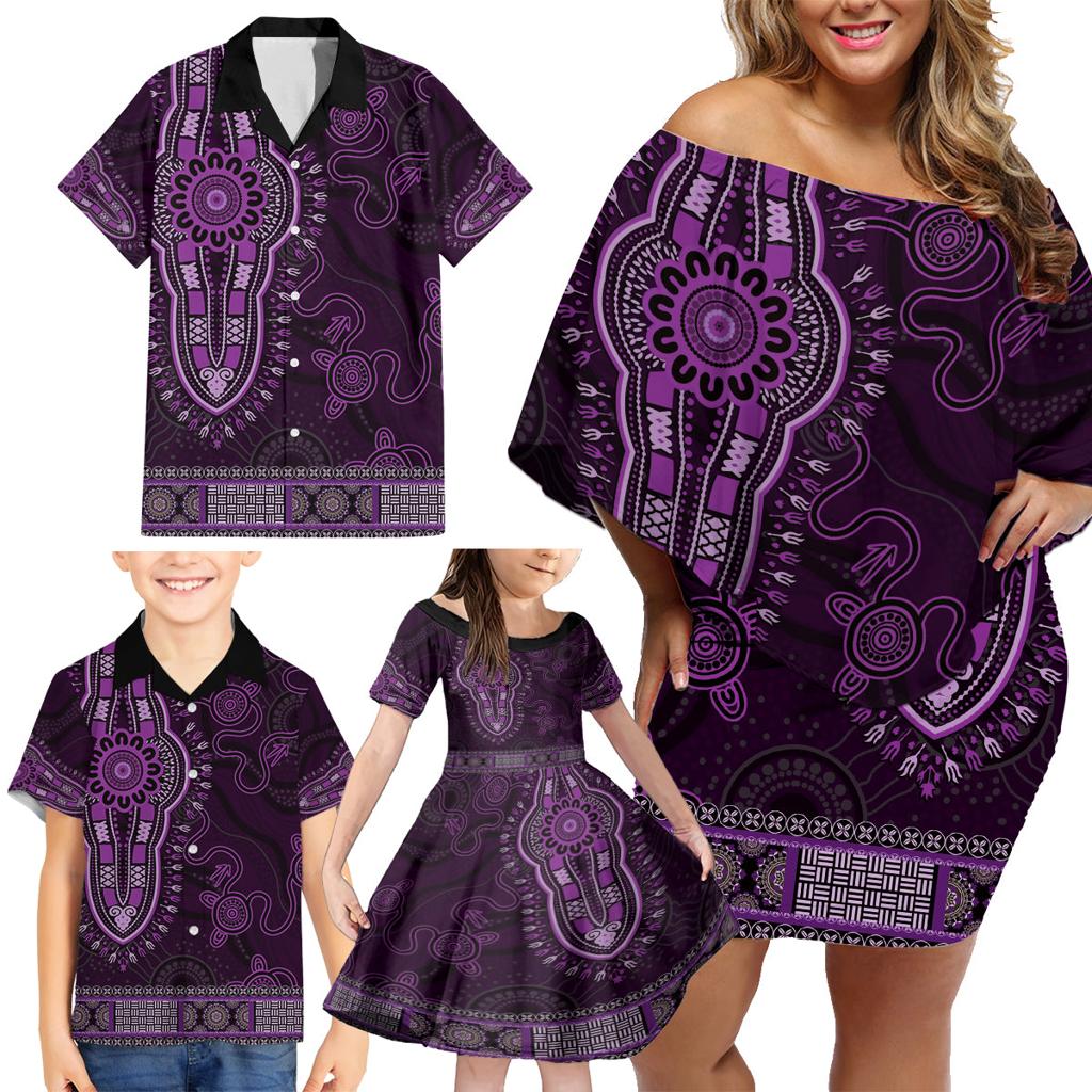Purple African Dashiki With Australia Aboriginal Art Family Matching Off Shoulder Short Dress and Hawaiian Shirt