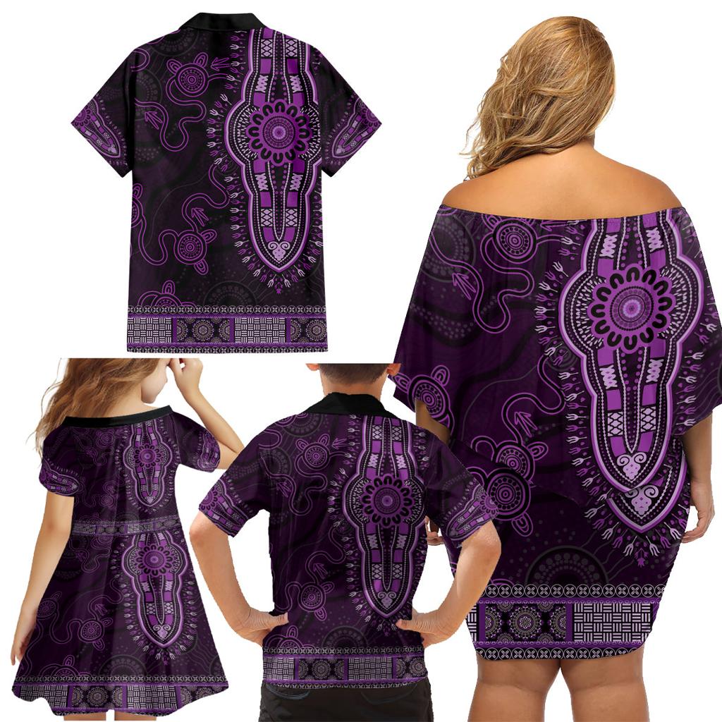Purple African Dashiki With Australia Aboriginal Art Family Matching Off Shoulder Short Dress and Hawaiian Shirt