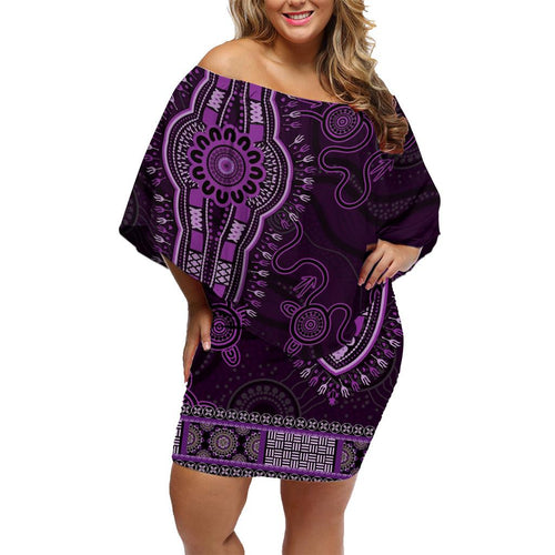 Purple African Dashiki With Australia Aboriginal Art Family Matching Off Shoulder Short Dress and Hawaiian Shirt