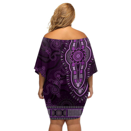 Purple African Dashiki With Australia Aboriginal Art Family Matching Off Shoulder Short Dress and Hawaiian Shirt