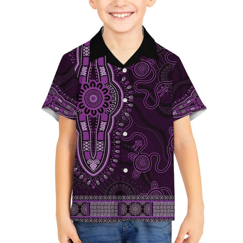 Purple African Dashiki With Australia Aboriginal Art Family Matching Off Shoulder Short Dress and Hawaiian Shirt