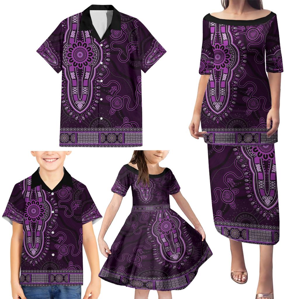 Purple African Dashiki With Australia Aboriginal Art Family Matching Puletasi and Hawaiian Shirt