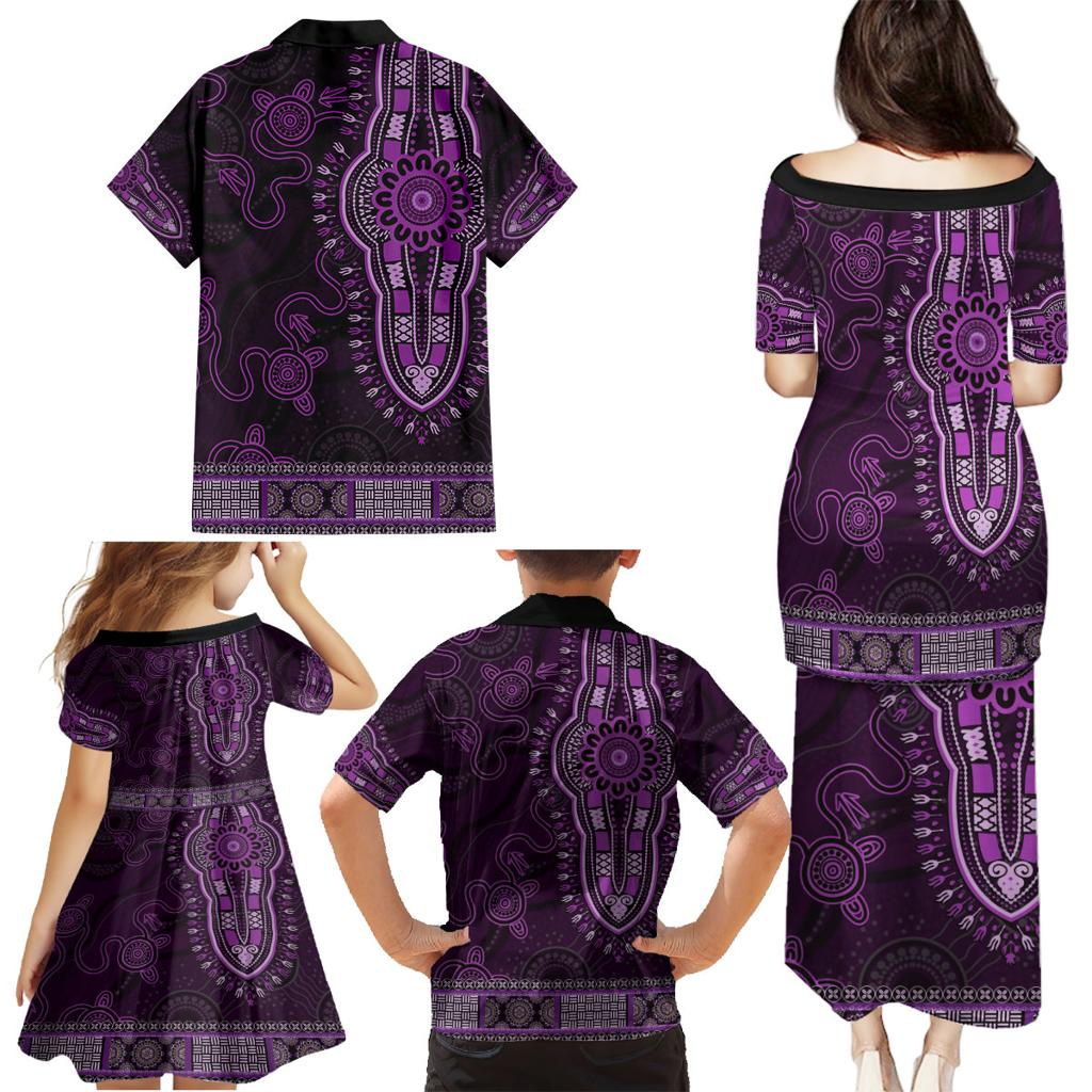 Purple African Dashiki With Australia Aboriginal Art Family Matching Puletasi and Hawaiian Shirt
