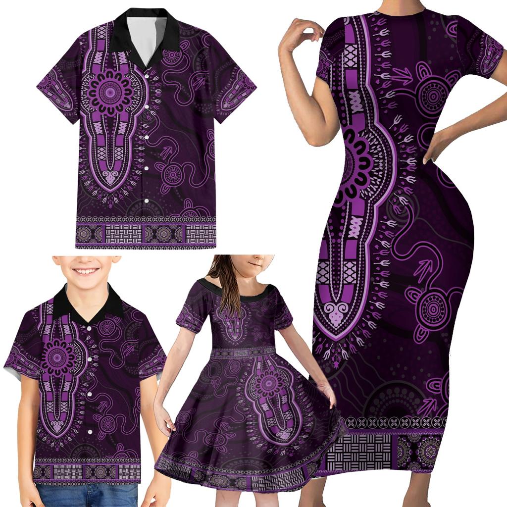 Purple African Dashiki With Australia Aboriginal Art Family Matching Short Sleeve Bodycon Dress and Hawaiian Shirt
