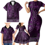 Purple African Dashiki With Australia Aboriginal Art Family Matching Short Sleeve Bodycon Dress and Hawaiian Shirt