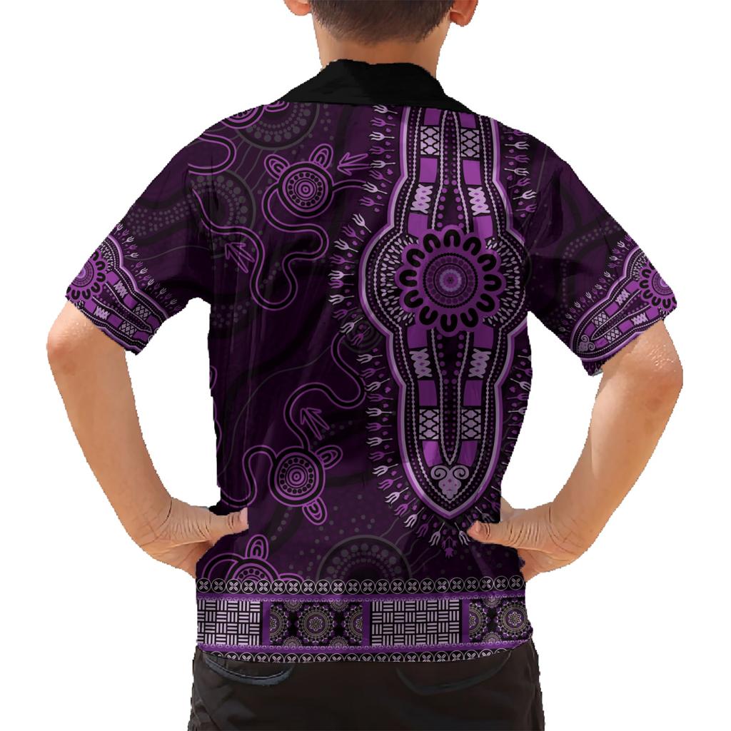 Purple African Dashiki With Australia Aboriginal Art Family Matching Short Sleeve Bodycon Dress and Hawaiian Shirt