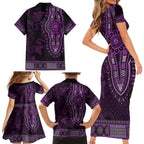 Purple African Dashiki With Australia Aboriginal Art Family Matching Short Sleeve Bodycon Dress and Hawaiian Shirt