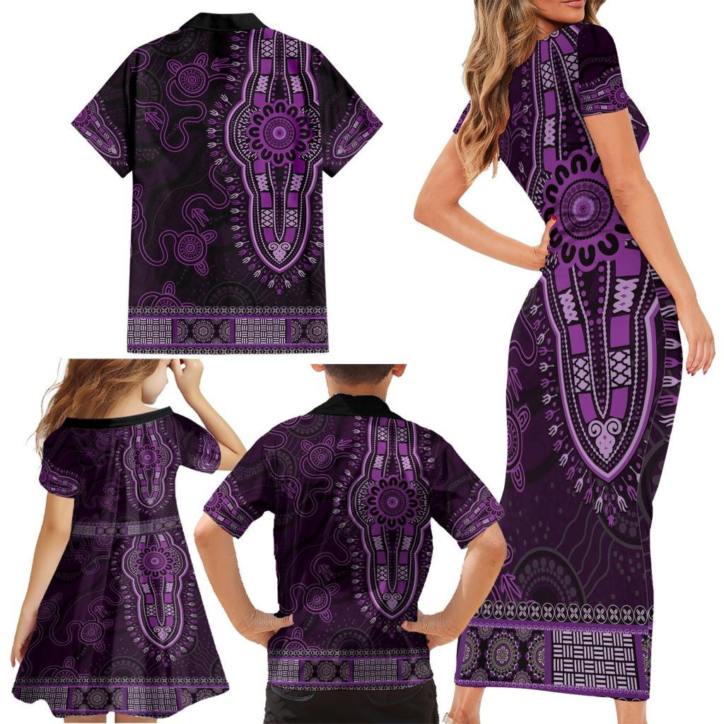 Purple African Dashiki With Australia Aboriginal Art Family Matching Short Sleeve Bodycon Dress and Hawaiian Shirt