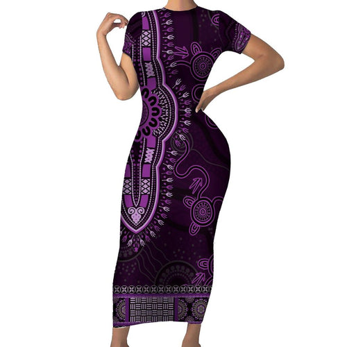 Purple African Dashiki With Australia Aboriginal Art Family Matching Short Sleeve Bodycon Dress and Hawaiian Shirt