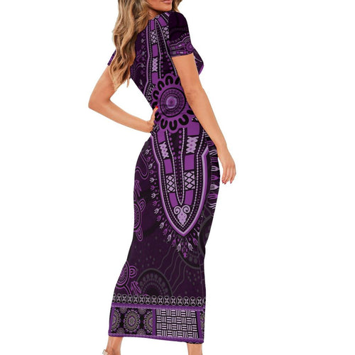 Purple African Dashiki With Australia Aboriginal Art Family Matching Short Sleeve Bodycon Dress and Hawaiian Shirt