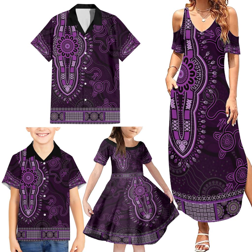 Purple African Dashiki With Australia Aboriginal Art Family Matching Summer Maxi Dress and Hawaiian Shirt