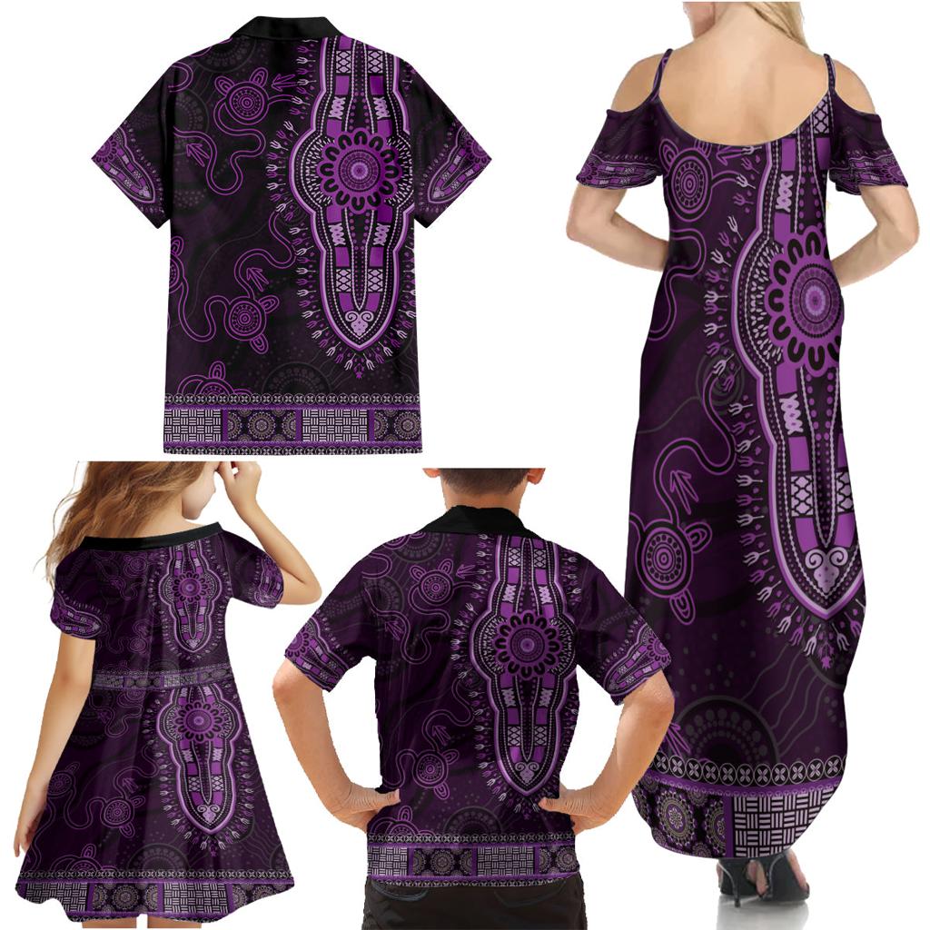 Purple African Dashiki With Australia Aboriginal Art Family Matching Summer Maxi Dress and Hawaiian Shirt