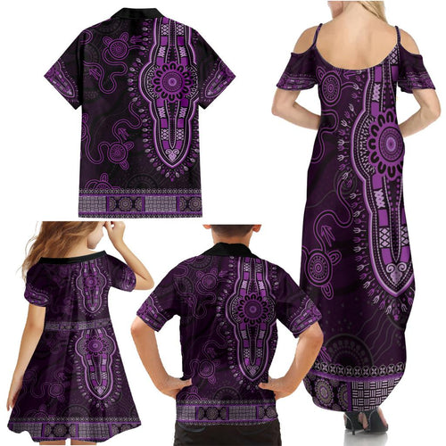 Purple African Dashiki With Australia Aboriginal Art Family Matching Summer Maxi Dress and Hawaiian Shirt