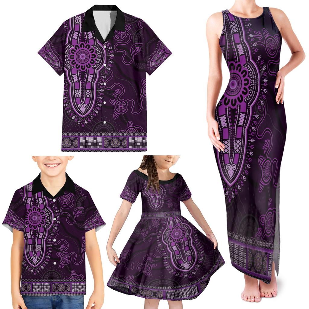 Purple African Dashiki With Australia Aboriginal Art Family Matching Tank Maxi Dress and Hawaiian Shirt