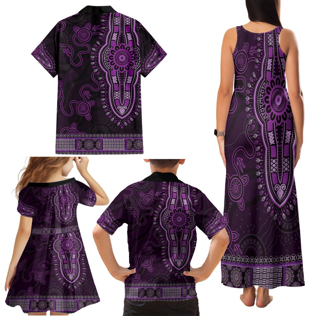 Purple African Dashiki With Australia Aboriginal Art Family Matching Tank Maxi Dress and Hawaiian Shirt