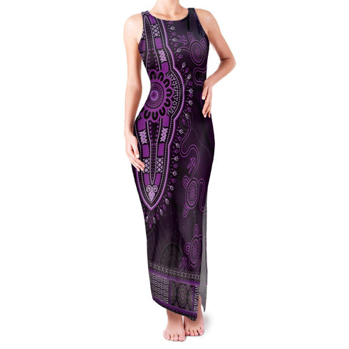 Purple African Dashiki With Australia Aboriginal Art Family Matching Tank Maxi Dress and Hawaiian Shirt