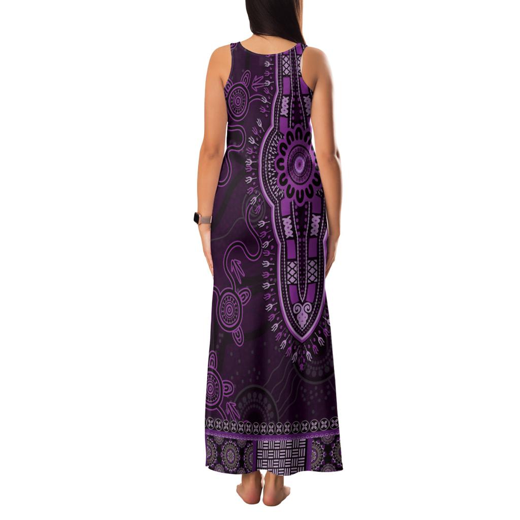 Purple African Dashiki With Australia Aboriginal Art Family Matching Tank Maxi Dress and Hawaiian Shirt