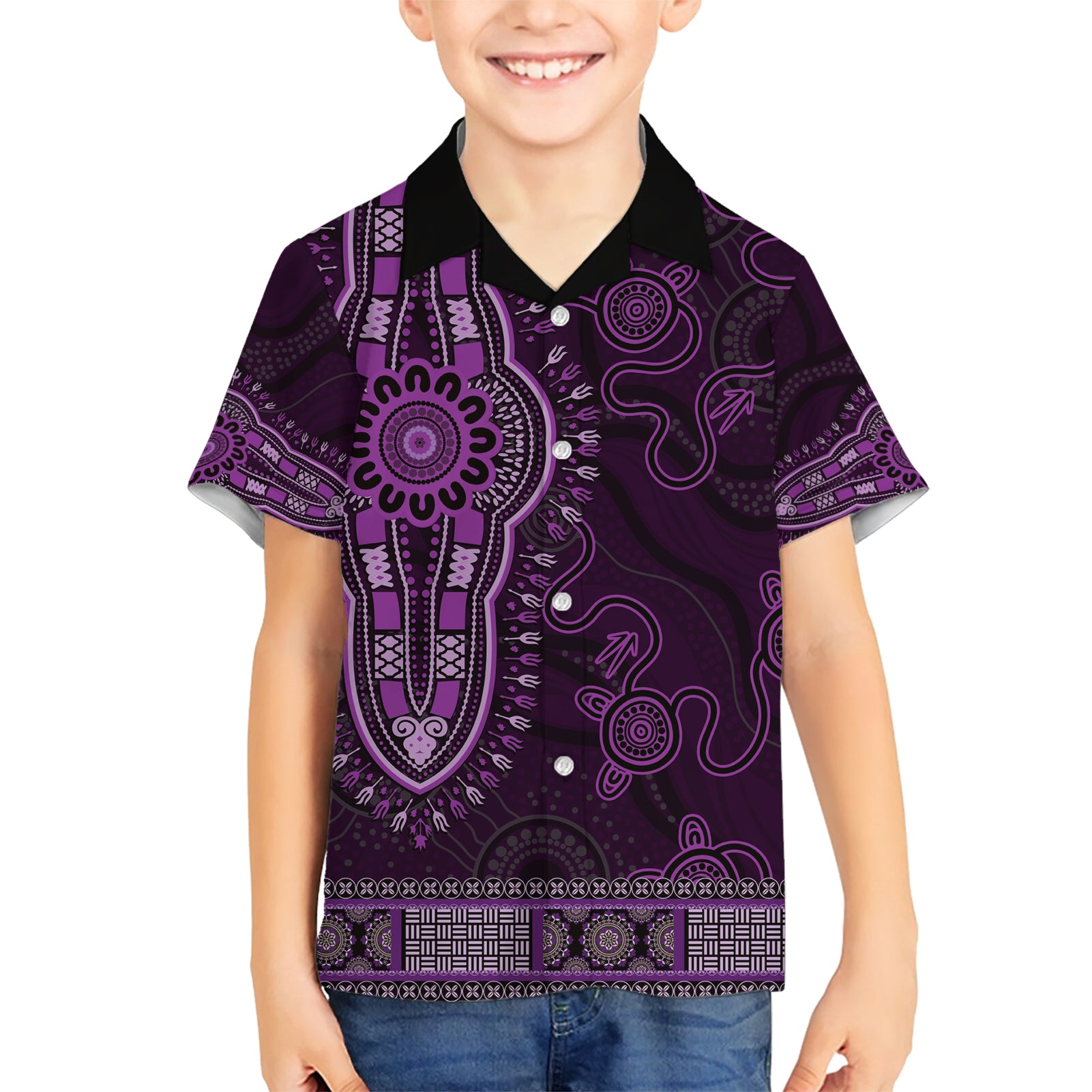 Purple African Dashiki With Australia Aboriginal Art Hawaiian Shirt