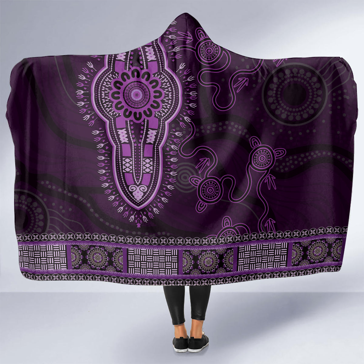 Purple African Dashiki With Australia Aboriginal Art Hooded Blanket
