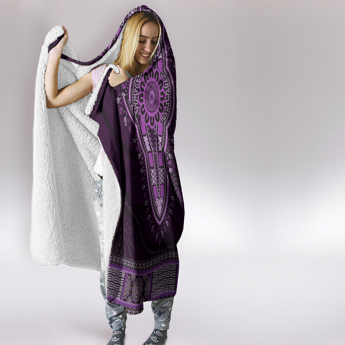 Purple African Dashiki With Australia Aboriginal Art Hooded Blanket