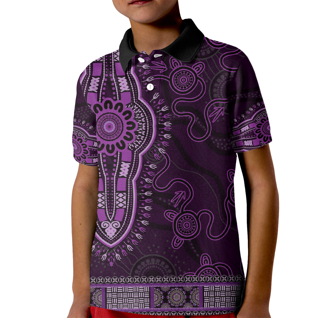Purple African Dashiki With Australia Aboriginal Art Kid Polo Shirt