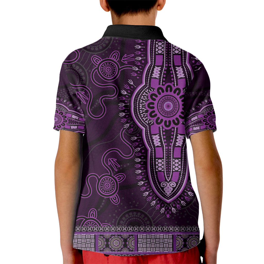Purple African Dashiki With Australia Aboriginal Art Kid Polo Shirt