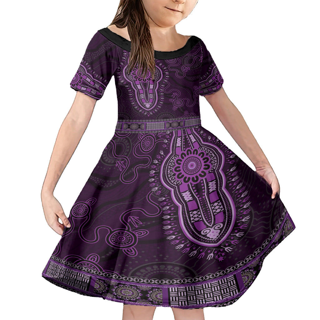 Purple African Dashiki With Australia Aboriginal Art Kid Short Sleeve Dress