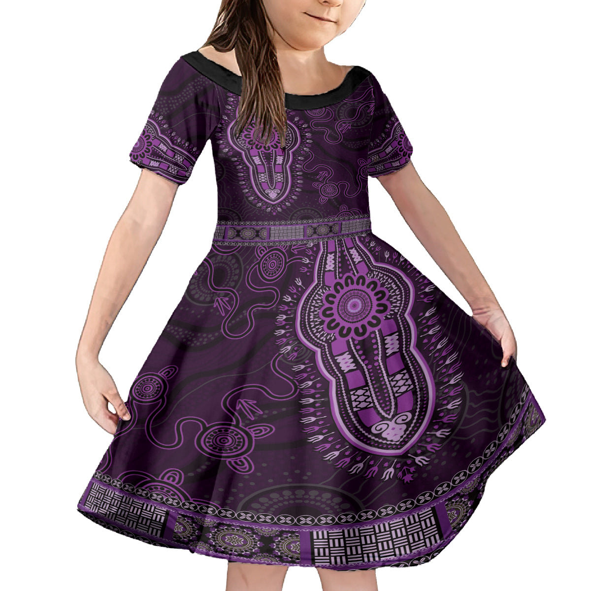 Purple African Dashiki With Australia Aboriginal Art Kid Short Sleeve Dress