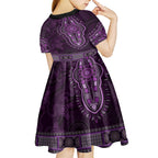 Purple African Dashiki With Australia Aboriginal Art Kid Short Sleeve Dress