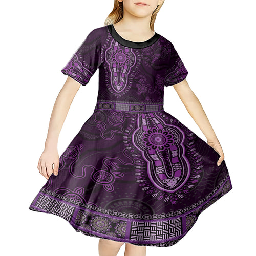 Purple African Dashiki With Australia Aboriginal Art Kid Short Sleeve Dress