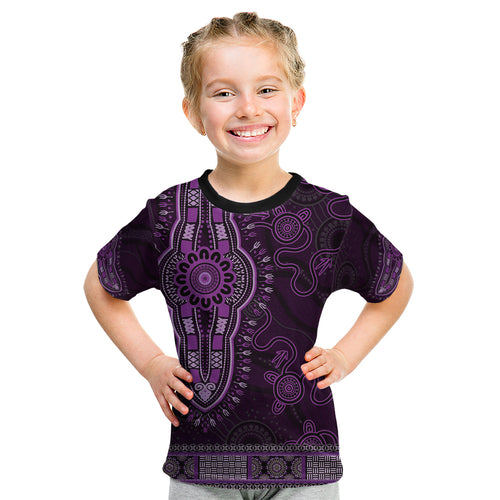 Purple African Dashiki With Australia Aboriginal Art Kid T Shirt