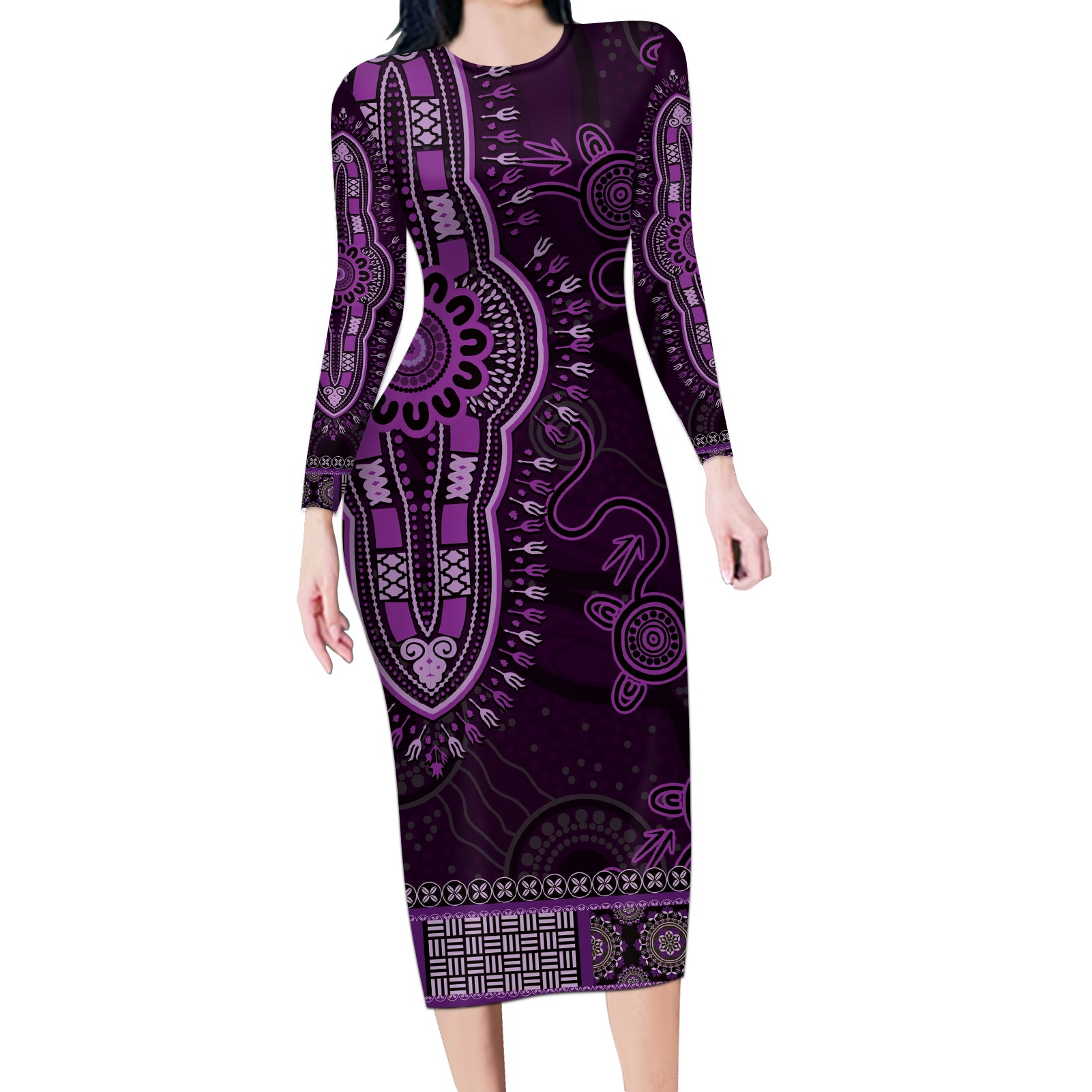 Purple African Dashiki With Australia Aboriginal Art Long Sleeve Bodycon Dress