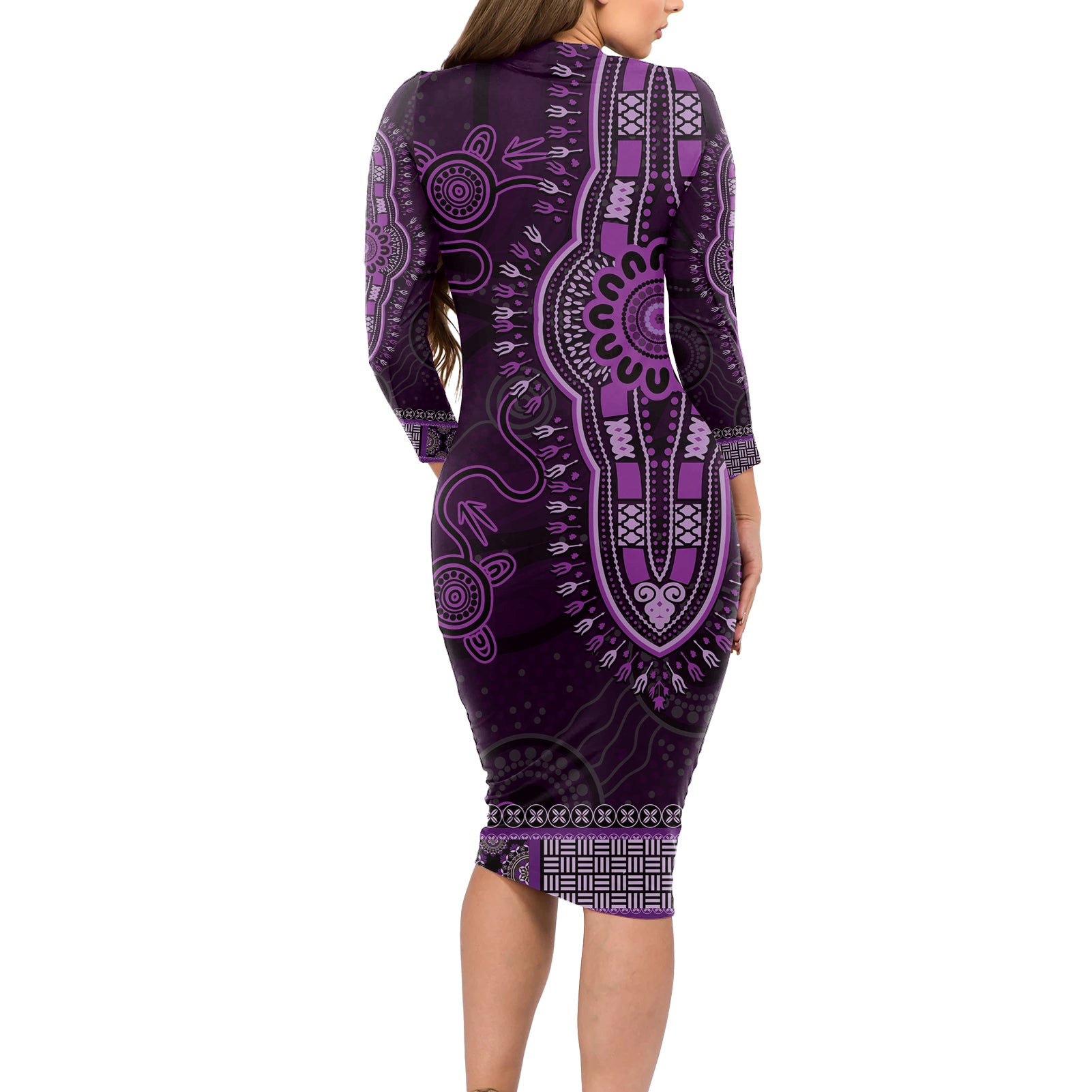 Purple African Dashiki With Australia Aboriginal Art Long Sleeve Bodycon Dress