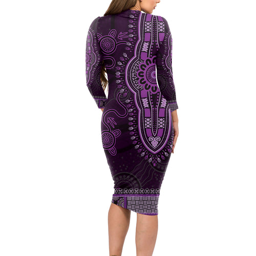 Purple African Dashiki With Australia Aboriginal Art Long Sleeve Bodycon Dress