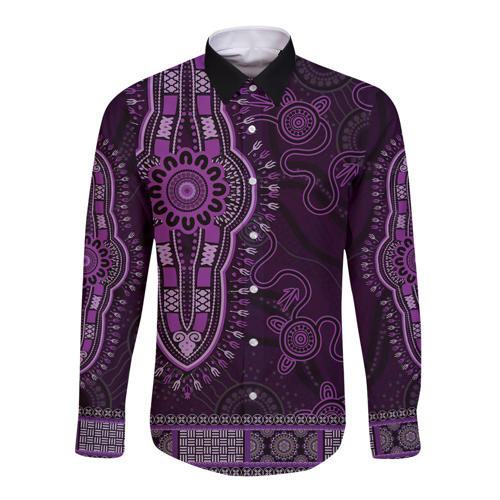 Purple African Dashiki With Australia Aboriginal Art Long Sleeve Button Shirt