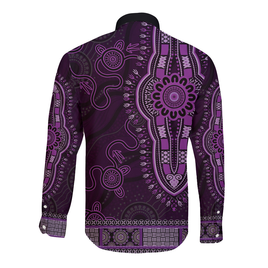 Purple African Dashiki With Australia Aboriginal Art Long Sleeve Button Shirt