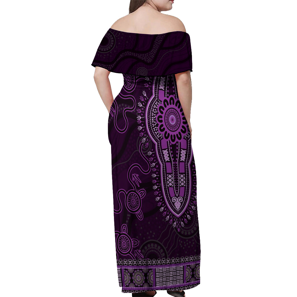 Purple African Dashiki With Australia Aboriginal Art Off Shoulder Maxi Dress