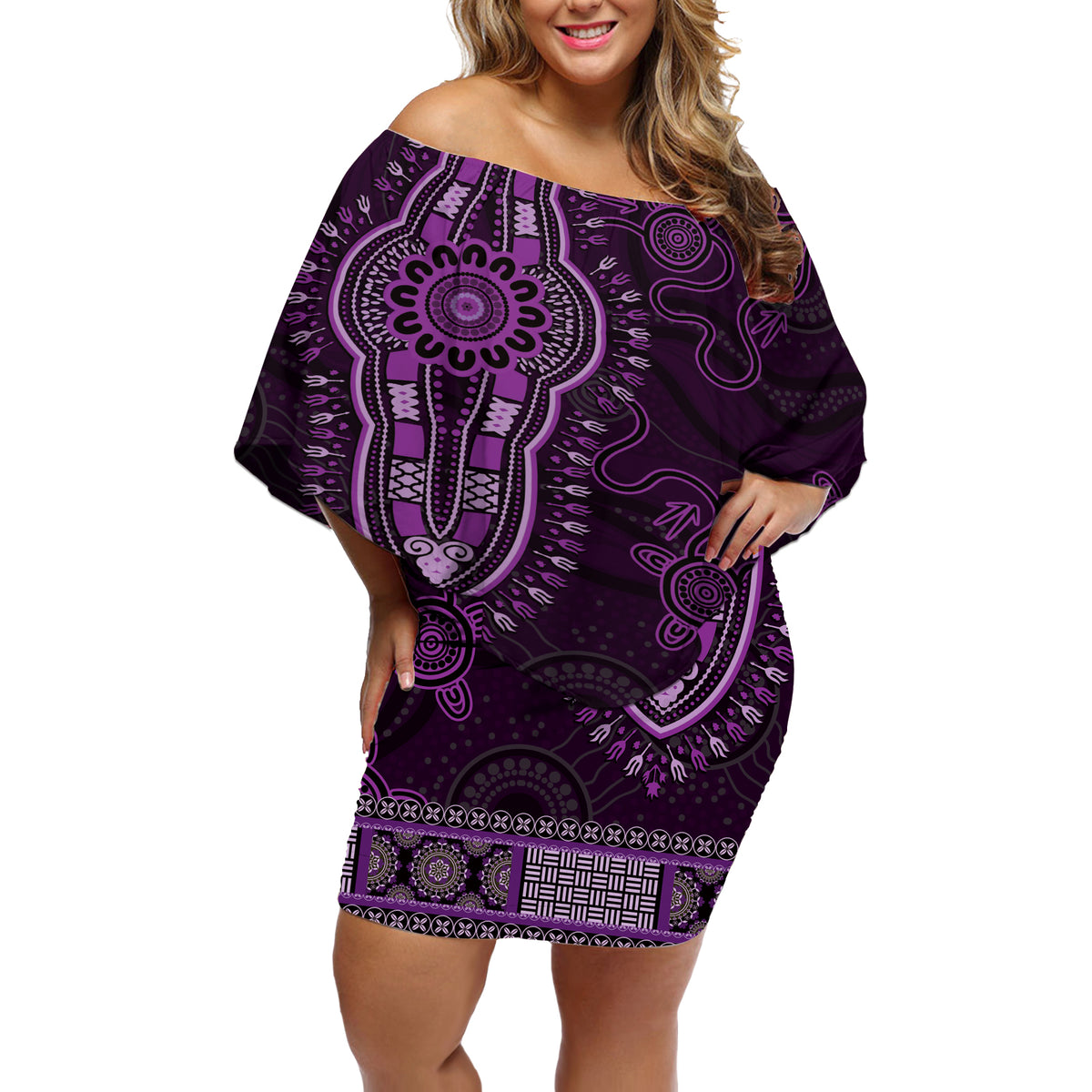 Purple African Dashiki With Australia Aboriginal Art Off Shoulder Short Dress