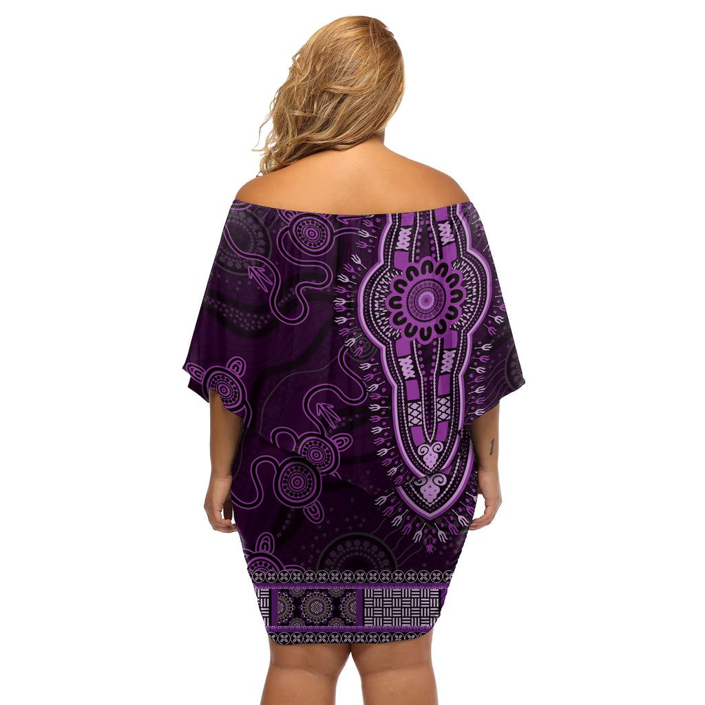 Purple African Dashiki With Australia Aboriginal Art Off Shoulder Short Dress