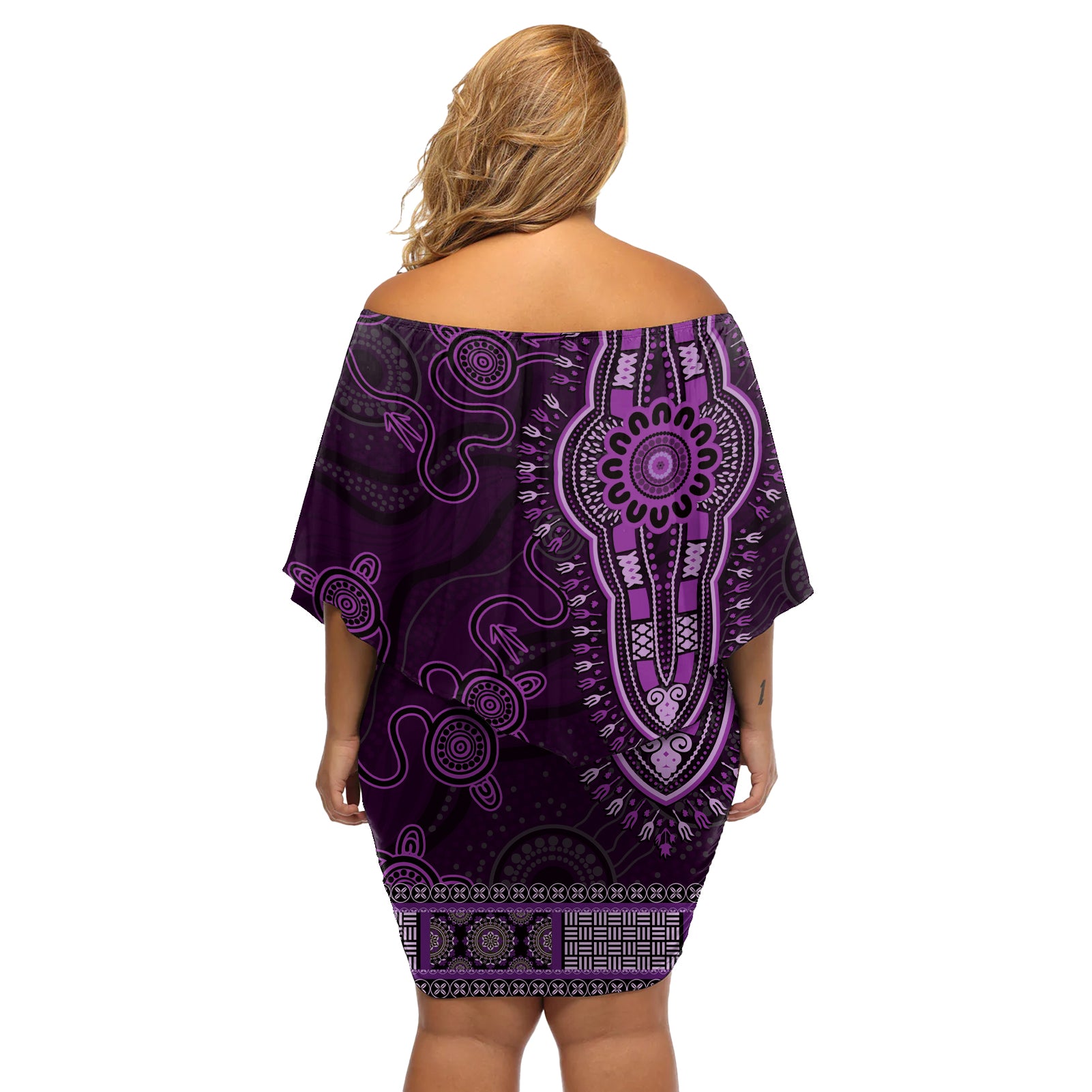 Purple African Dashiki With Australia Aboriginal Art Off Shoulder Short Dress