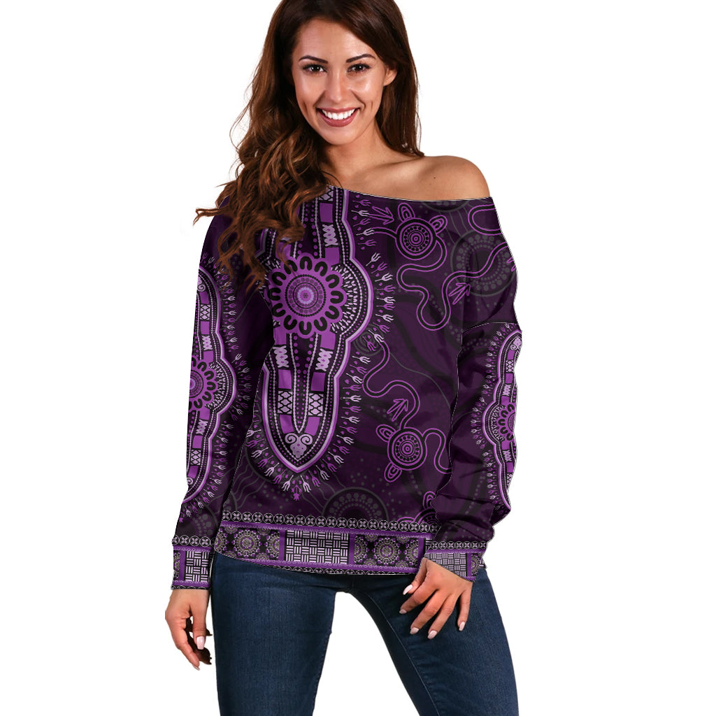 Purple African Dashiki With Australia Aboriginal Art Off Shoulder Sweater