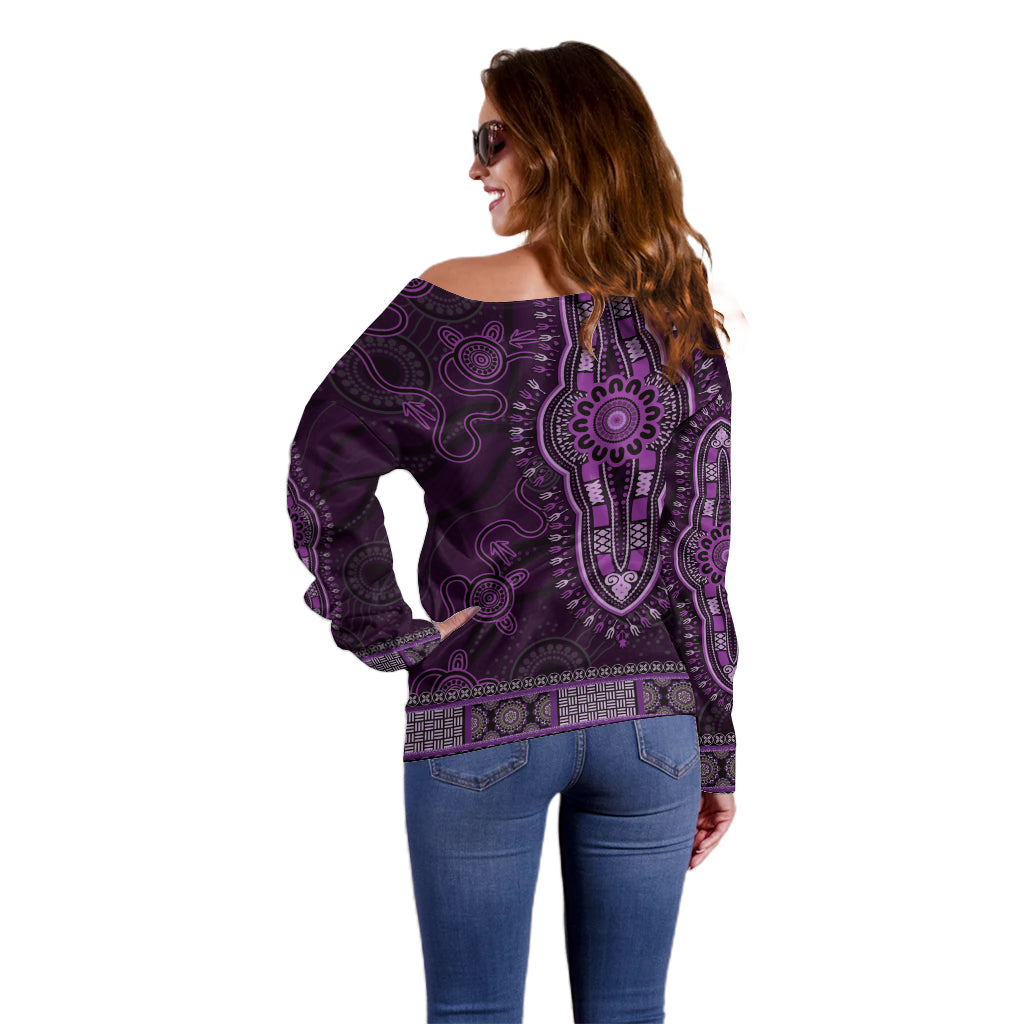 Purple African Dashiki With Australia Aboriginal Art Off Shoulder Sweater