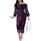 Purple African Dashiki With Australia Aboriginal Art Off The Shoulder Long Sleeve Dress