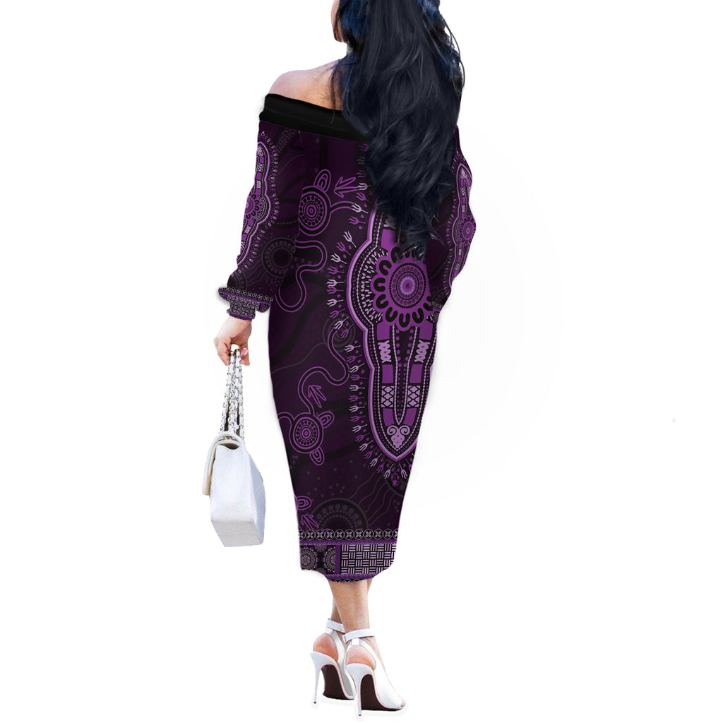Purple African Dashiki With Australia Aboriginal Art Off The Shoulder Long Sleeve Dress
