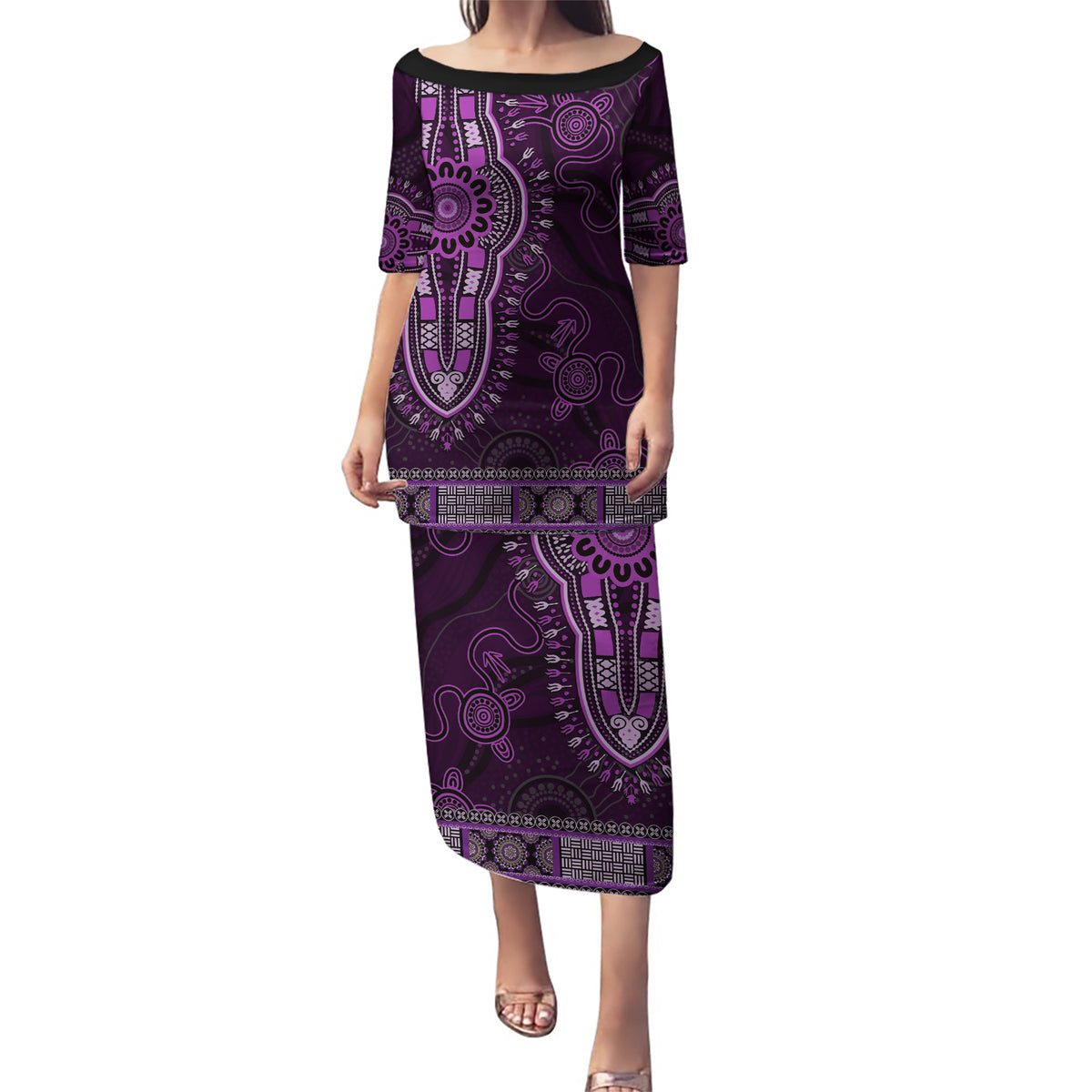 Purple African Dashiki With Australia Aboriginal Art Puletasi