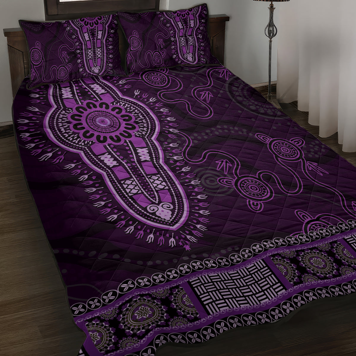 Purple African Dashiki With Australia Aboriginal Art Quilt Bed Set