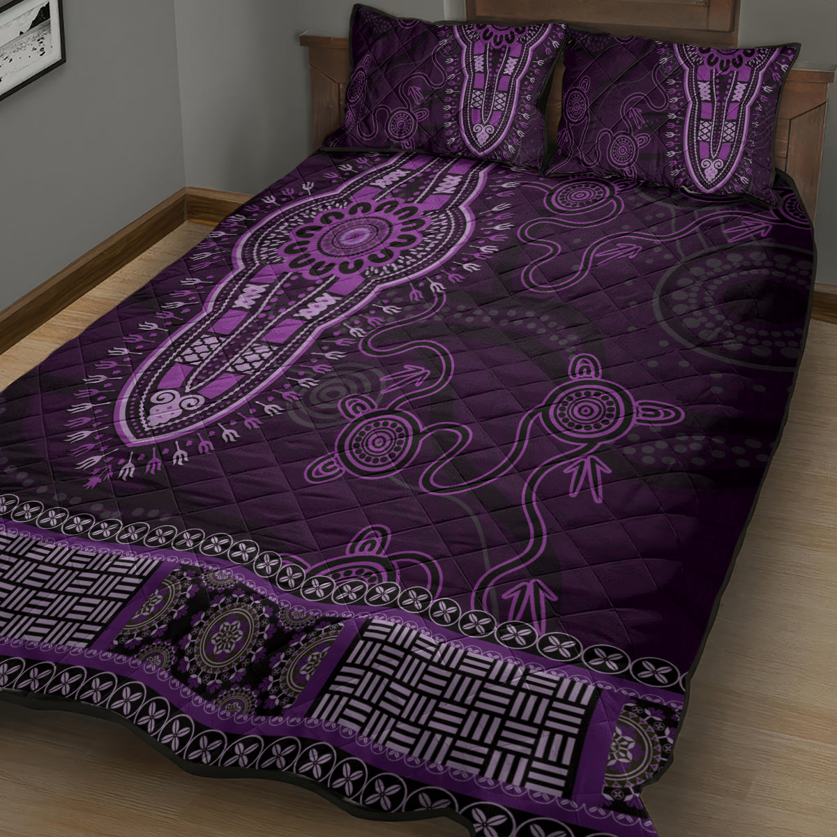 Purple African Dashiki With Australia Aboriginal Art Quilt Bed Set