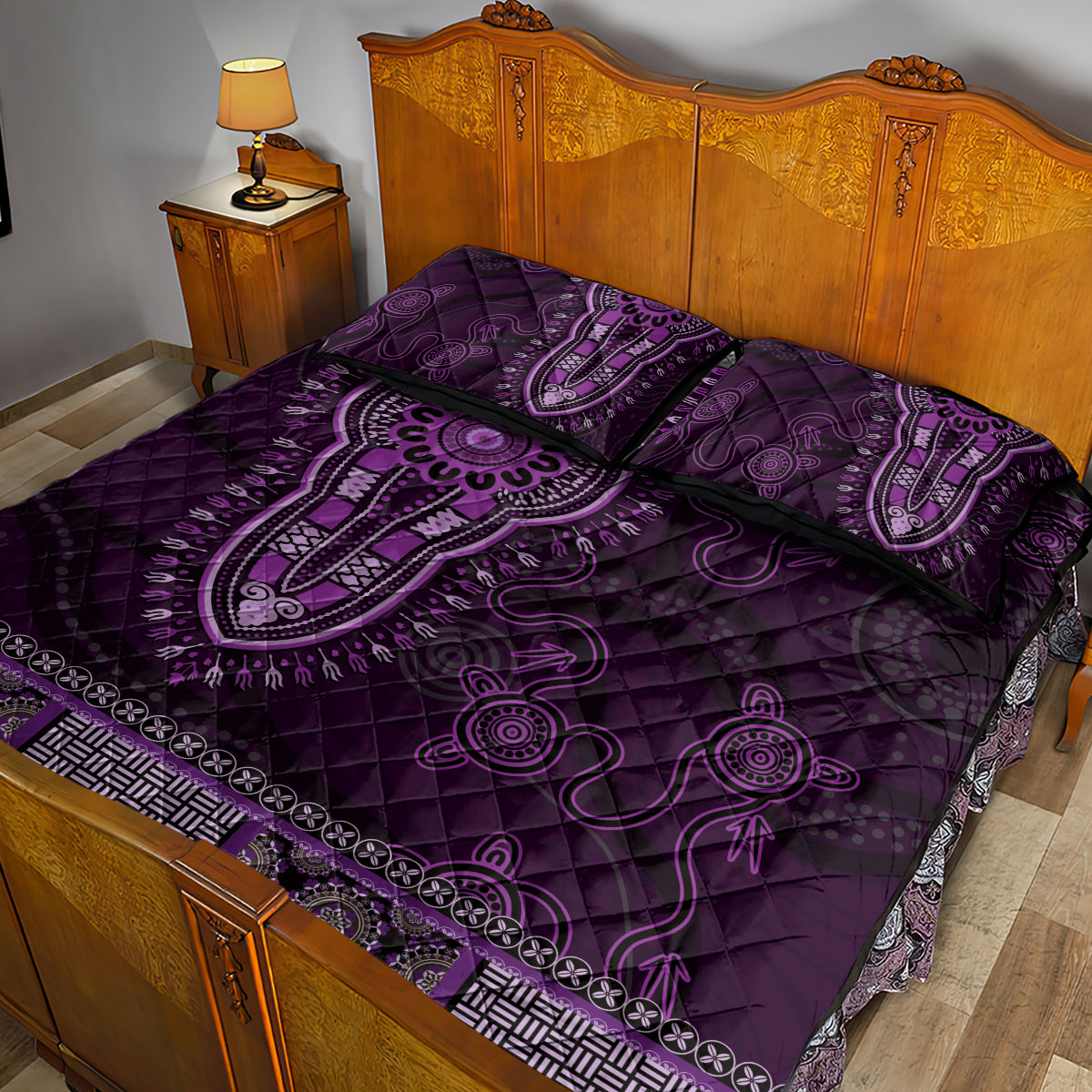 Purple African Dashiki With Australia Aboriginal Art Quilt Bed Set